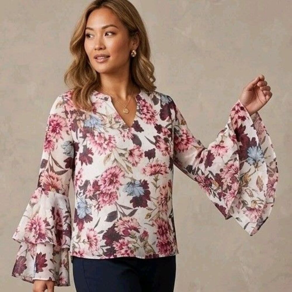 WHBM Floral Boho Fairy Cottagecore Long Sleeve Ruffle Women's Blouse 8P